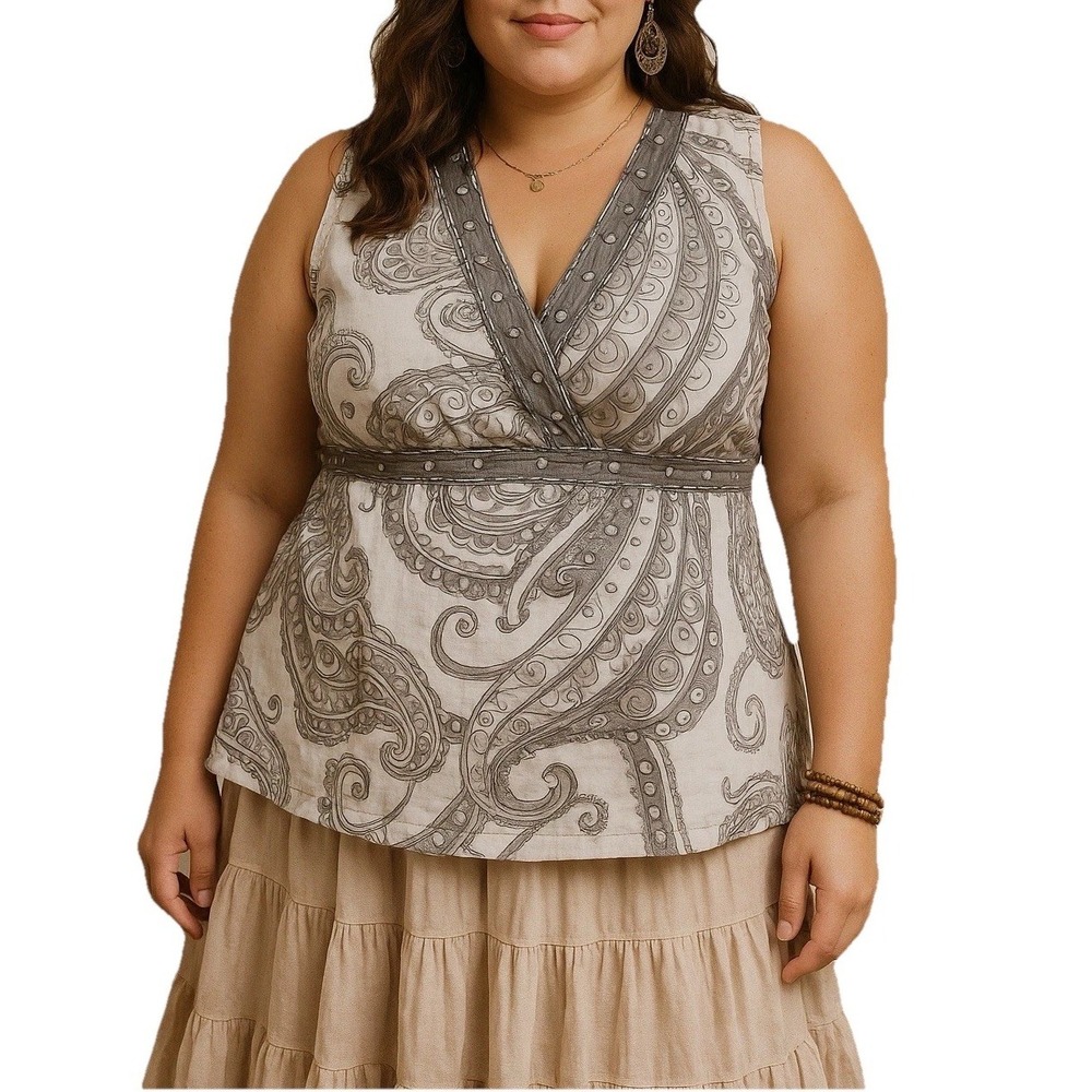 Carole Little Gray Linen  V-neck Paisley Top Blouse Sequins Sleeveless‎ XL Boho
